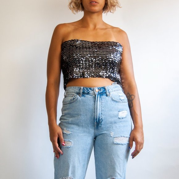 80s black sequin bandeau l xl extra large / black sequin top / sleeveless party - Picture 4 of 5